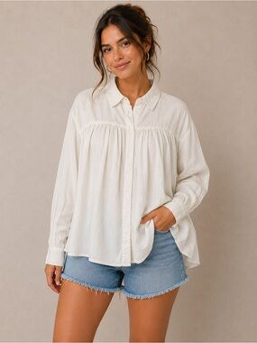 P Cill White Oversized Cotton Button Front Blouse Size Large